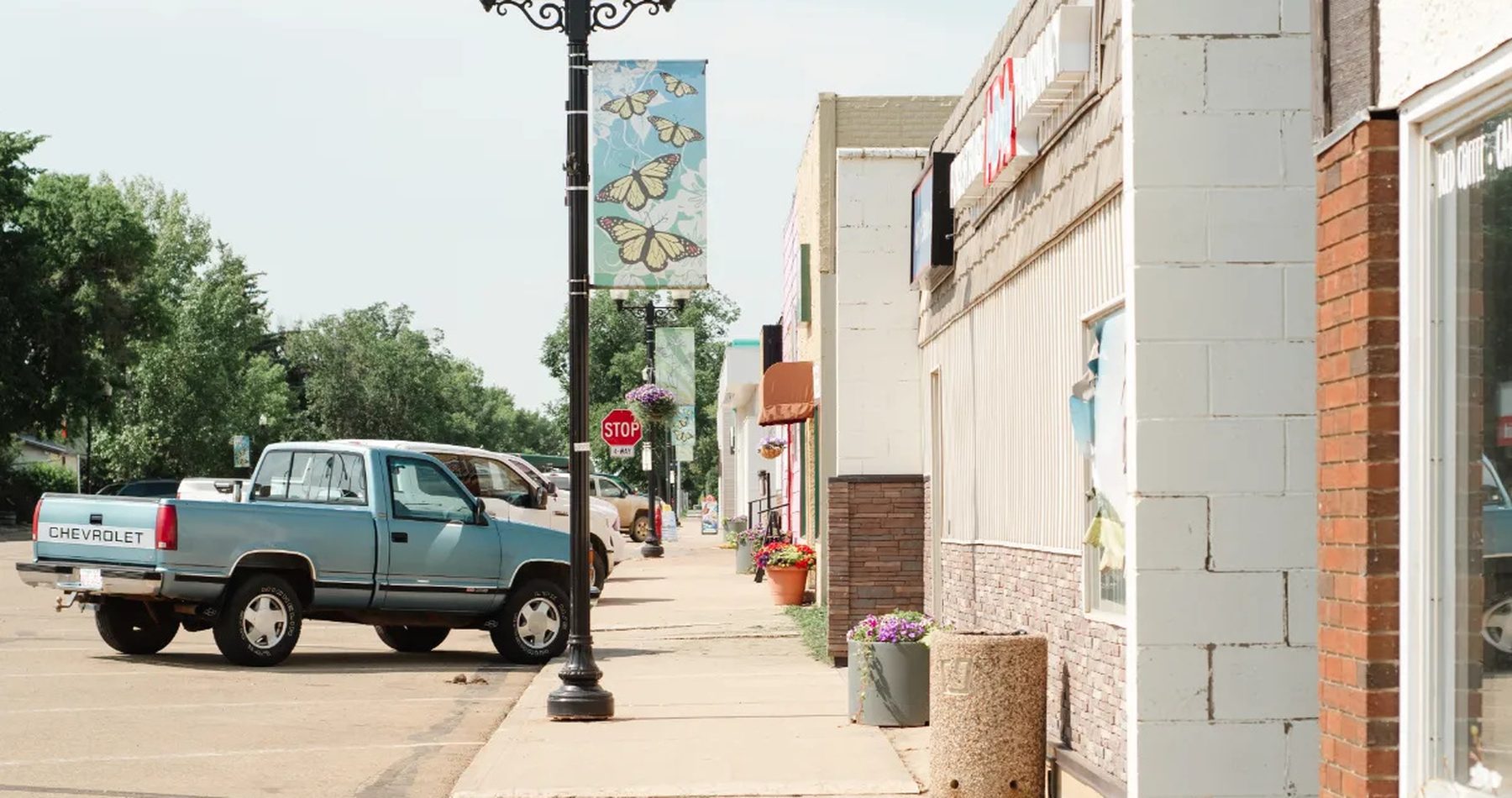 Main street in a small Alberta town on a summer afternoon